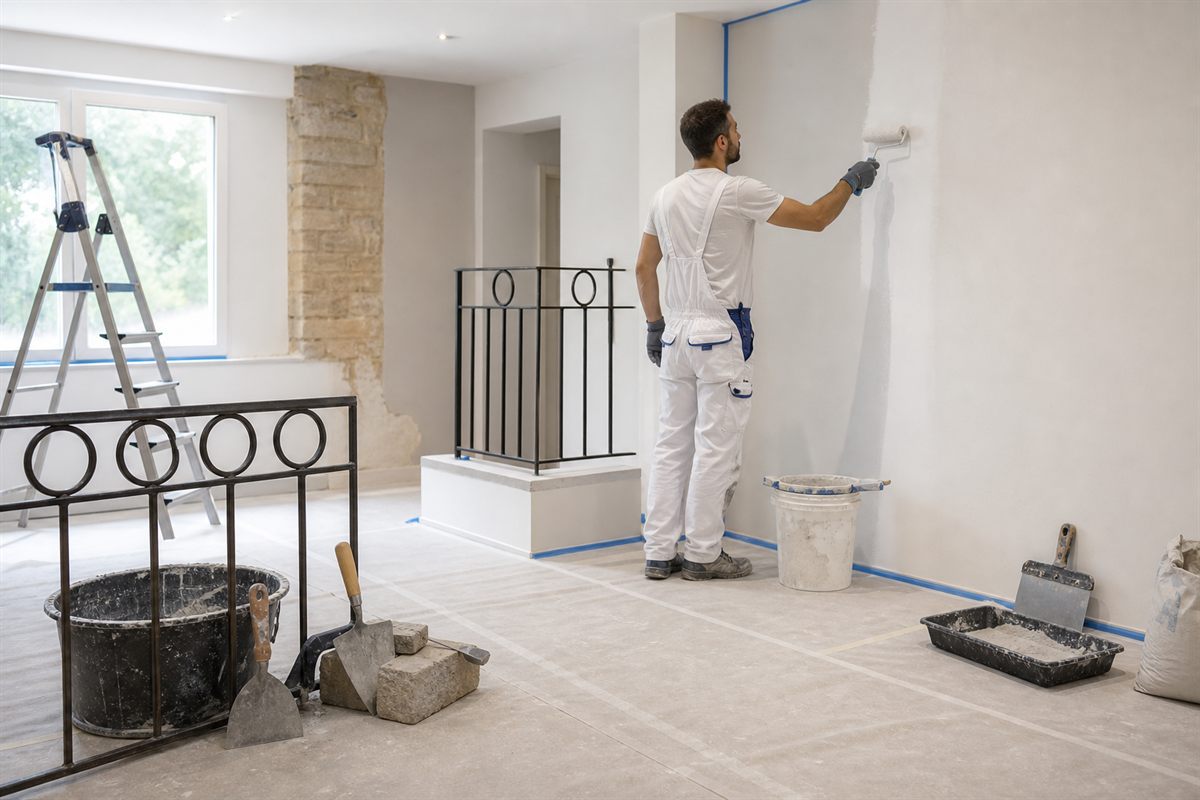 Peintre à Chouzé-sur-Loire préparant un mur intérieur avant peinture